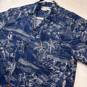 VTG Two Palms Hawaii MED Blue Seaplane Hula Girl Palms Rayon Aloha Shirt Made HI